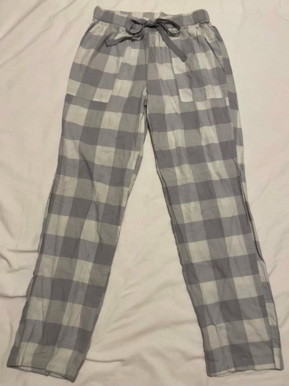 JOYSPUN Women’s Gray/White Plaid Pajama Pants with Drawstring & Pockets, Size XS